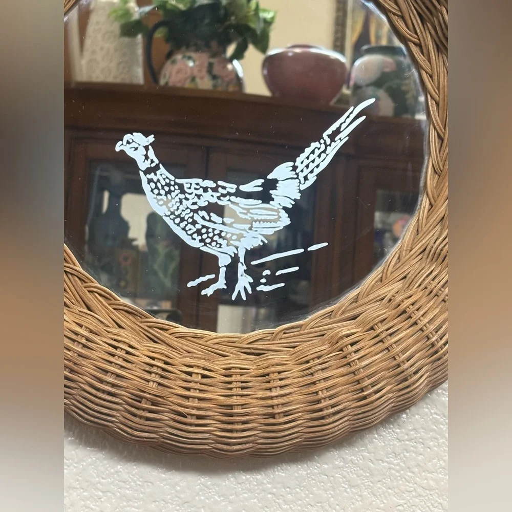 Round Wicker Wall Mirror with Bird Design